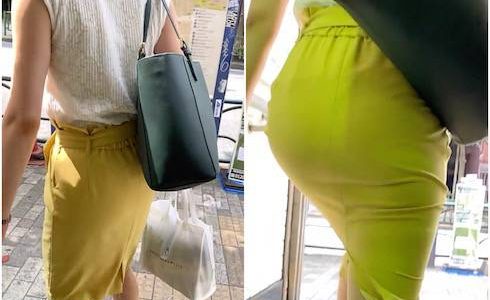 《平日のオフィスコーデ》 No.868【うっとりする美尻を持つ長身OLのイエロータイトスカート姿】